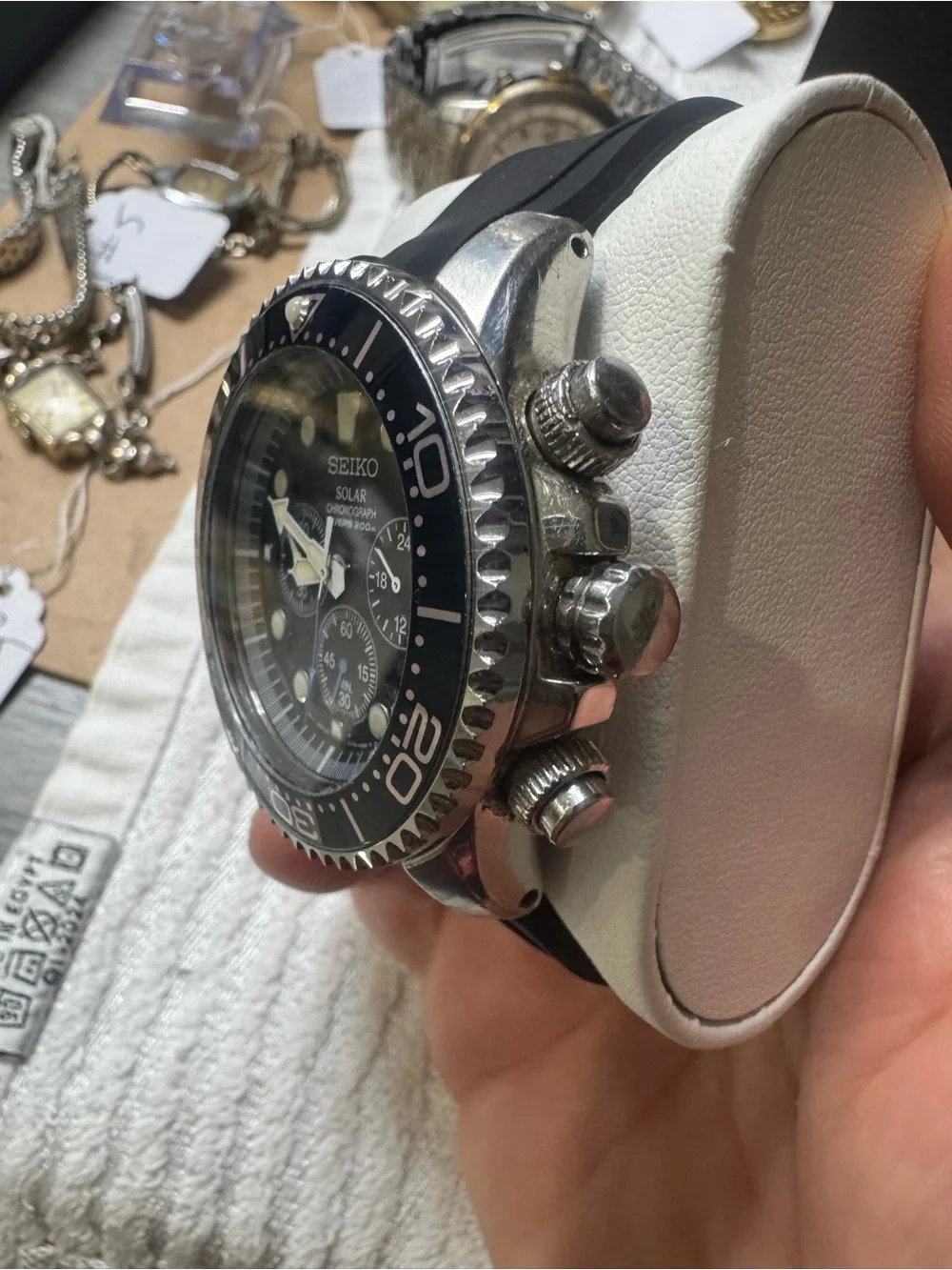 #190 Seiko Black and Silver Solar Chronograph Dive Watch